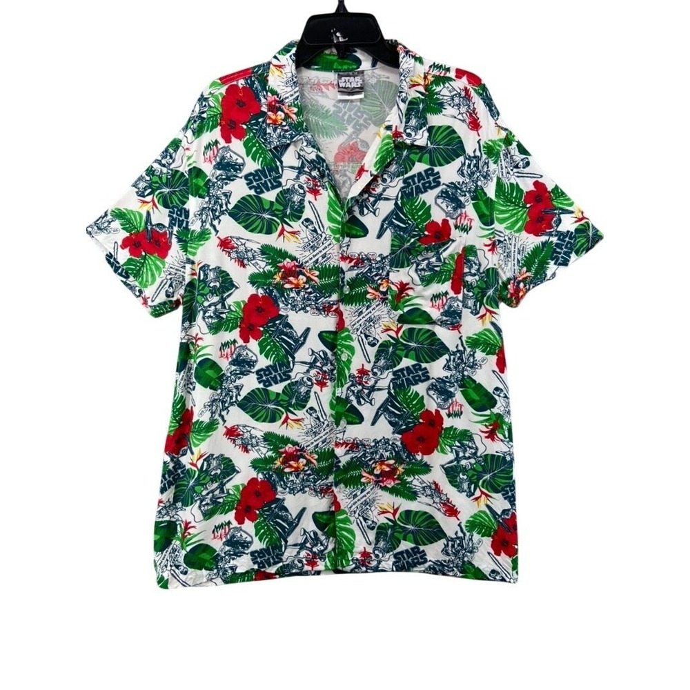 Star Wars Shirt Mens Sz L Tropical Button Up White Aloha Disney Beach Retro